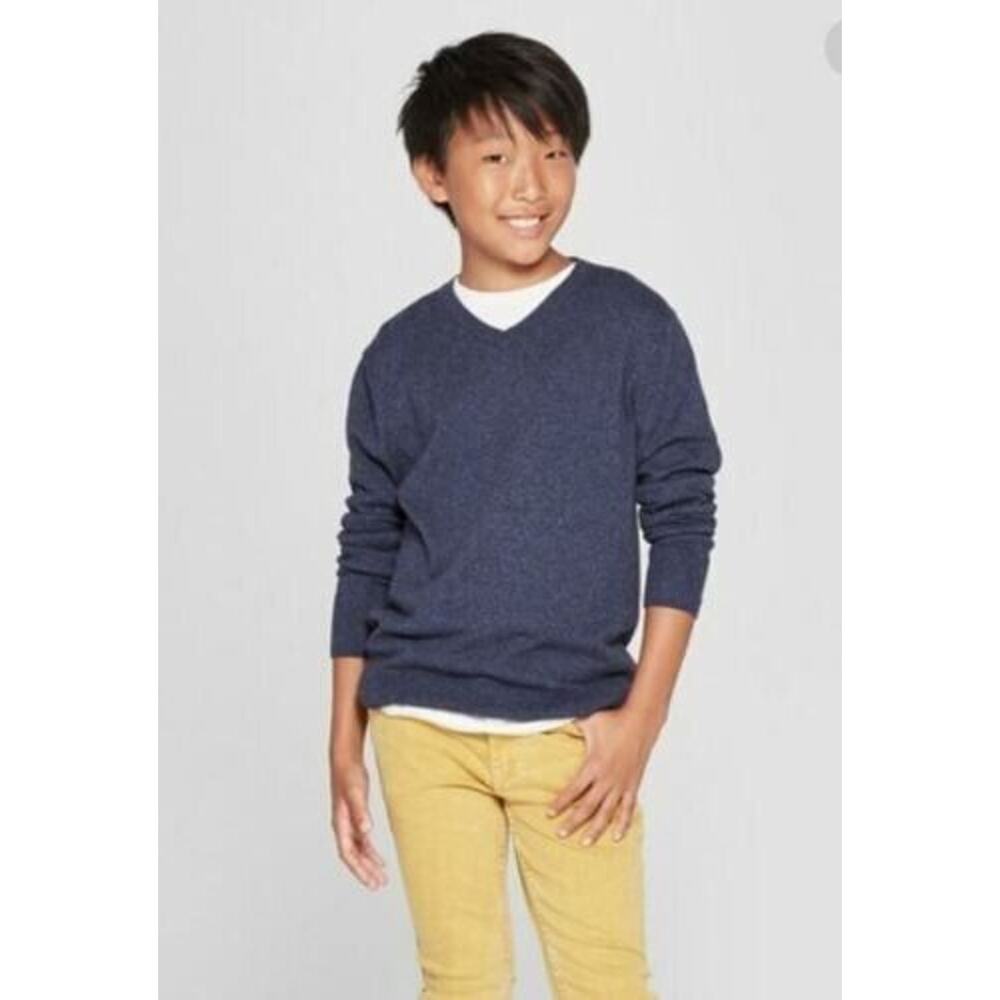 Cat & Jack Boys' Long Sleeve V-Neck Pullover Sweater Navy Heather XS(4/5)